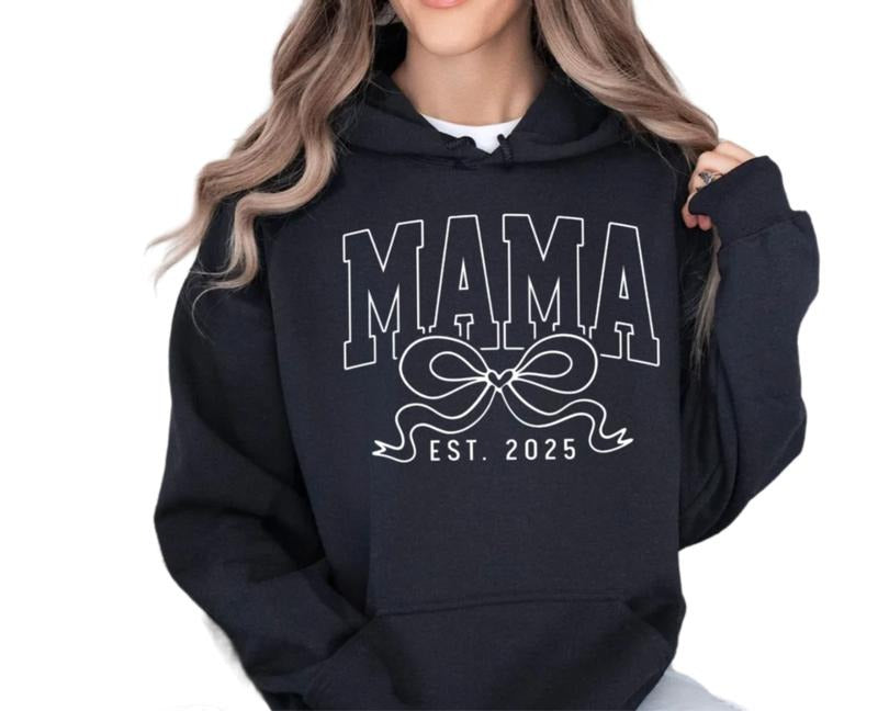 Mama Est 2025 Shirt, Mama Coquette Bow Tee, Mama Varsity Sweatshirt, Pregnancy Announcement Tee, New Mom Hoodie, Unisex...