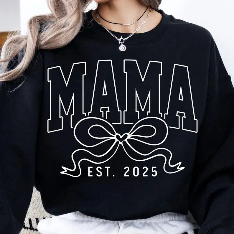 Mama Est 2025 Sweatshirt, Mama Coquette Bow Shirt, Mama Varsity Shirt, Mama shirt, Coquette mama Hoodie | TeeBloomCo.com