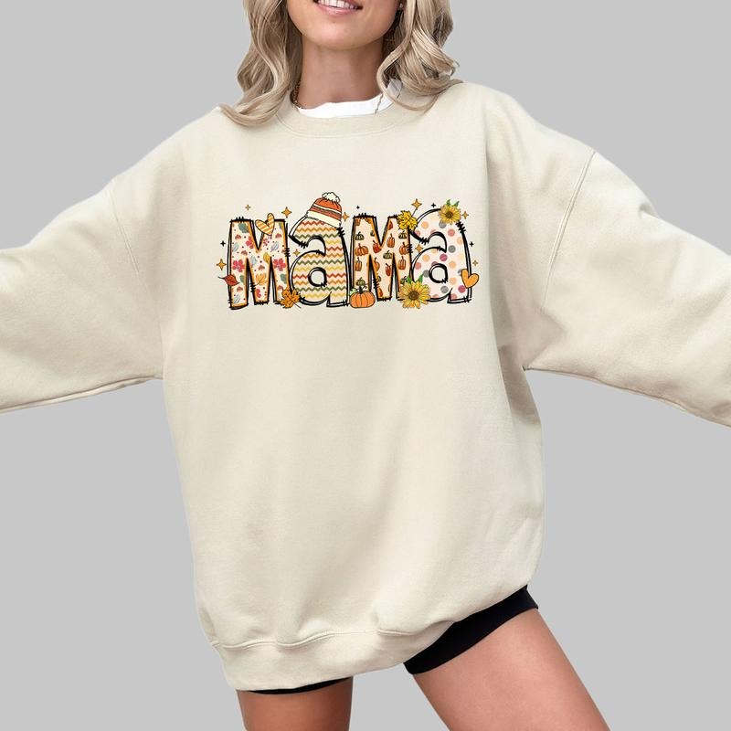 Mama Fall Shirt, Pumpkin Shirt for Women, Autumn Pattern Tee for Her, Thanksgiving Shirt, Cute Fall Sweaters, Comfort...