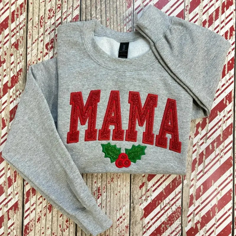 Mama Glitter Christmas Embroidered Crewneck Sweatshirt T-Shirts, Hoodie | TeeBloomCo.com