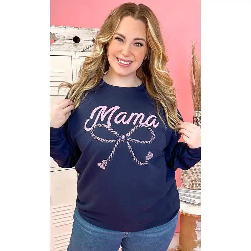 Mama Rope Bow Sweatshirt - Cozy Mom Vibes #MamaRopeBow #MamaSweatshirt #NavyGlow T-Shirts, Hoodie | TeeBloomCo.com
