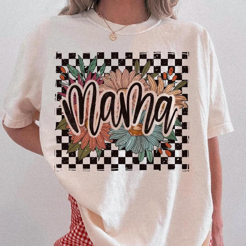 Mama checkers Shirt, retro mama Tee, mama Shirt, mama sublimation, floral mama Shirt, mama dtf transfer, mothers day Tee,...
