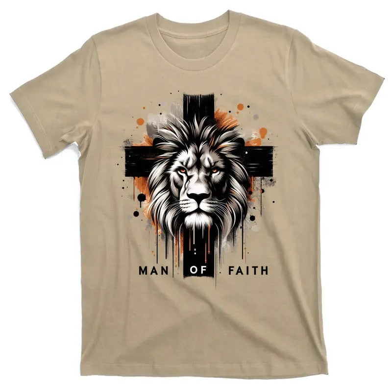Man Of Faith Lion of Judah Jesus Christ Cross Christian Catholic T-Shirt Crewneck Casual Menswear Streetwear Stylish...