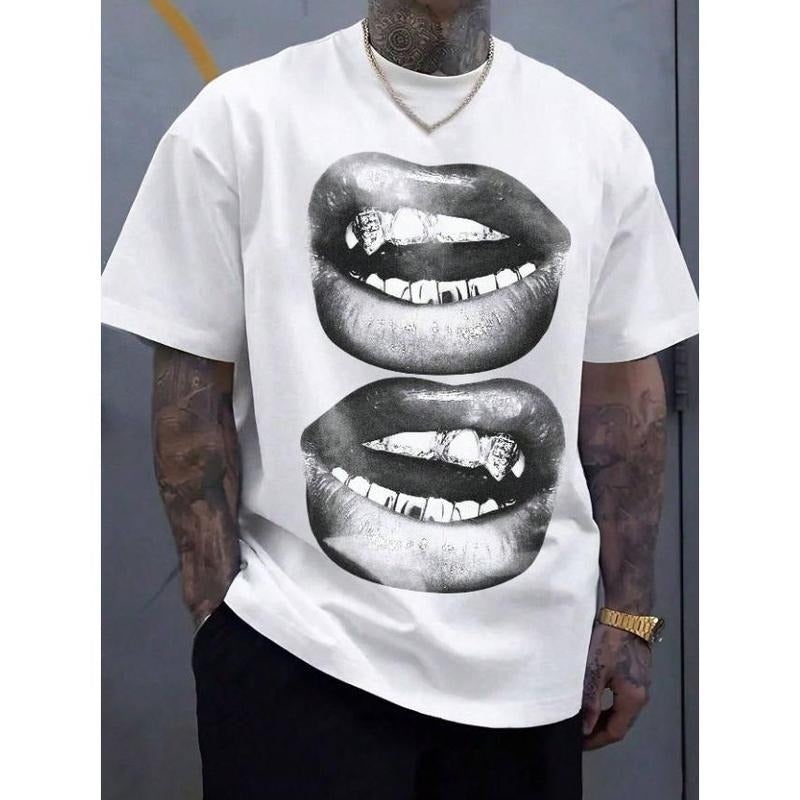 Manfinity EMRG A White Street Style Top With Full Black And White Mouth Pattern, Suitable For Summer Men's T-Shirt ,...