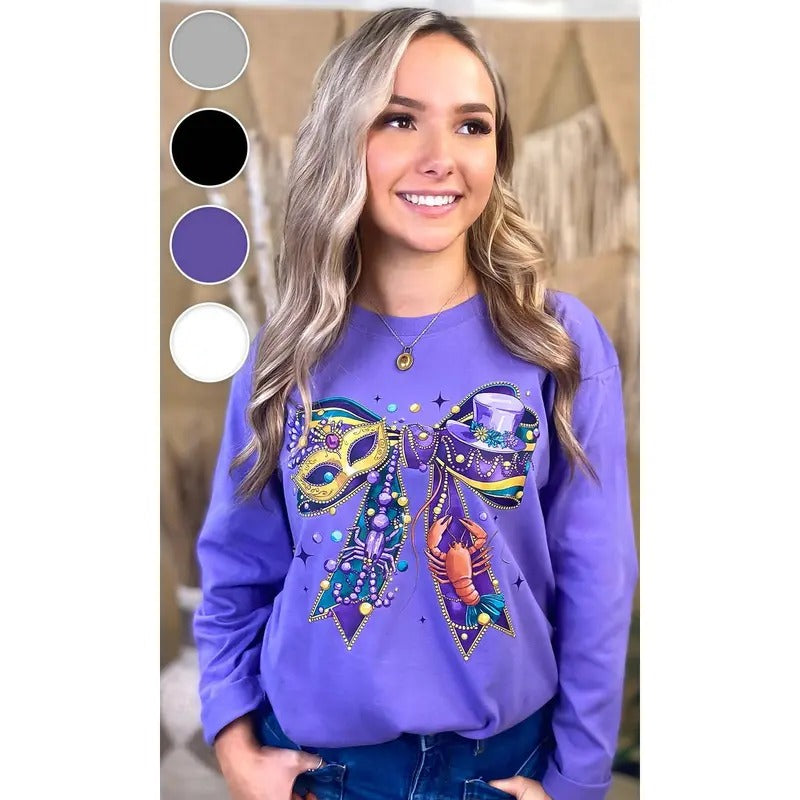 Mardi Gras Bow Graphic Long Sleeve T-Shirt Hoodie, Sweatshirt | TeeBloomCo.com