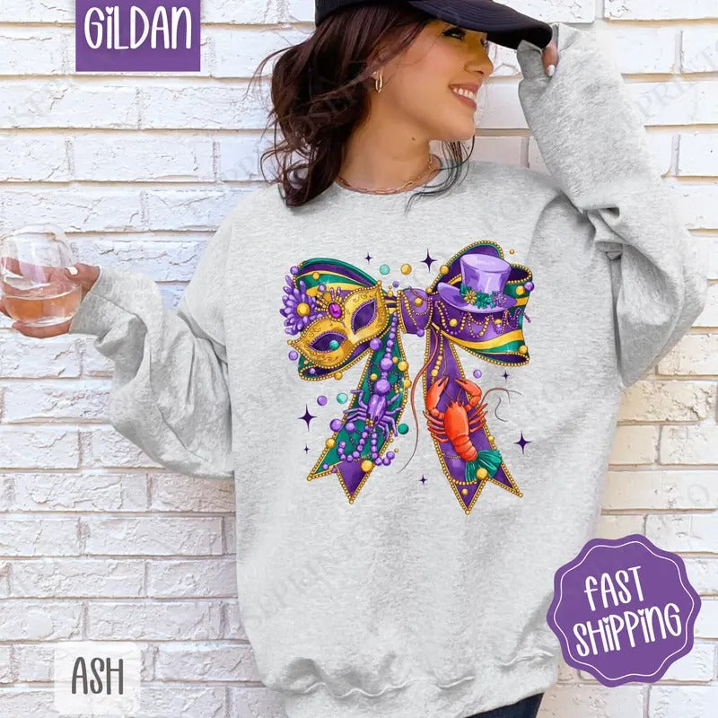 Mardi Gras Bow Sweatshirt, Coquette Mardi Gras Crewneck, Louisiana Women's Sweater T-Shirts, Hoodie | TeeBloomCo.com