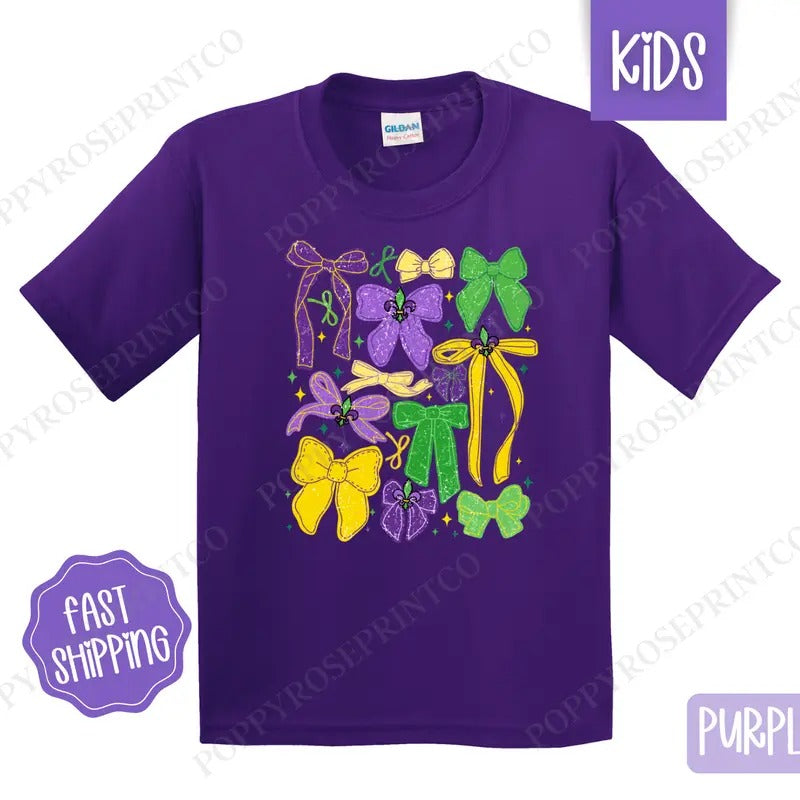 Mardi Gras Bows Kids Shirt - Louisiana Parade Coquette Children's Tshirt