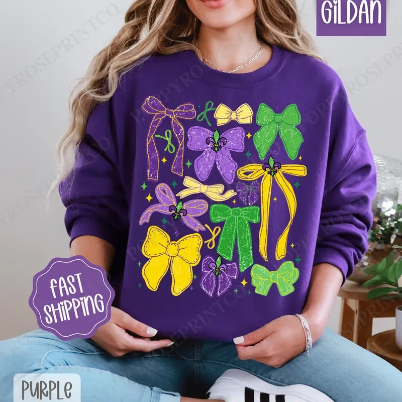 Mardi Gras Bows Sweatshirt, Coquette Mardi Gras Crewneck, Holiday Women's Sweater T-Shirts, Hoodie | TeeBloomCo.com