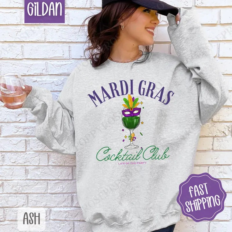 Mardi Gras Cocktail Club Sweatshirt, Louisiana Parade Crewneck, Holiday Women's Sweater T-Shirts, Hoodie | TeeBloomCo.com