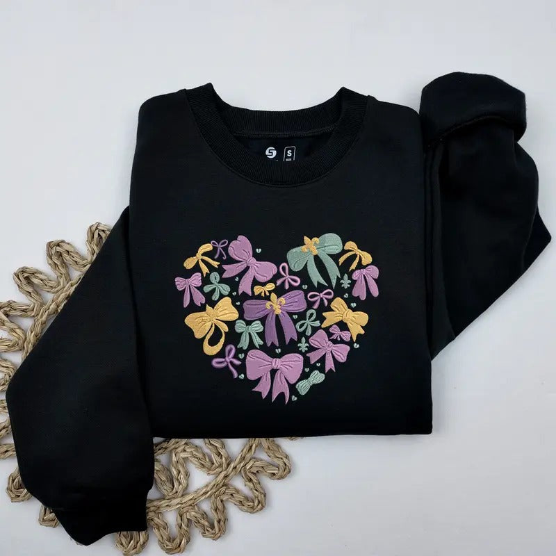 Mardi Gras Coquette Heart Embroidered Sweatshirt, Mardi Gras Party Crewneck Sweater T-Shirts, Hoodie | TeeBloomCo.com