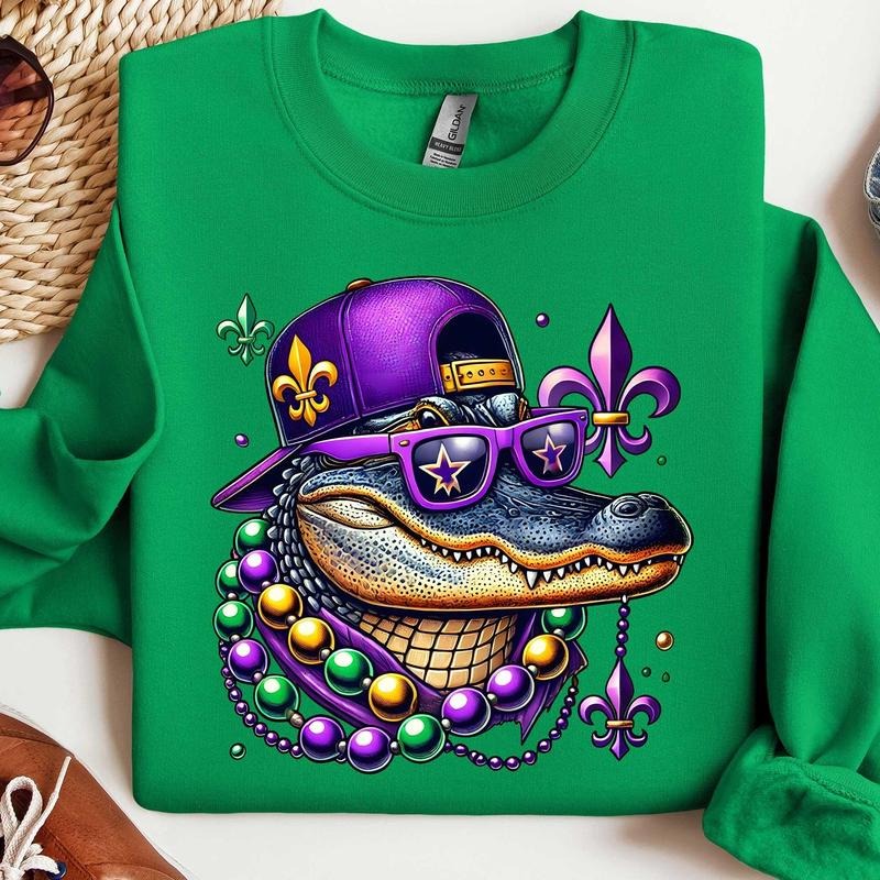 Mardi Gras Crocodile Sweatshirt, Animal Shirt, Women Mardi Gras Costume, Mardi Gras Alligator Shirt, Fat Tuesday Sweater,...