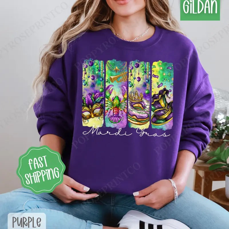 Mardi Gras Sweatshirt, Fat Tuesday Crewneck, Louisiana Women's Sweater T-Shirts, Hoodie | TeeBloomCo.com
