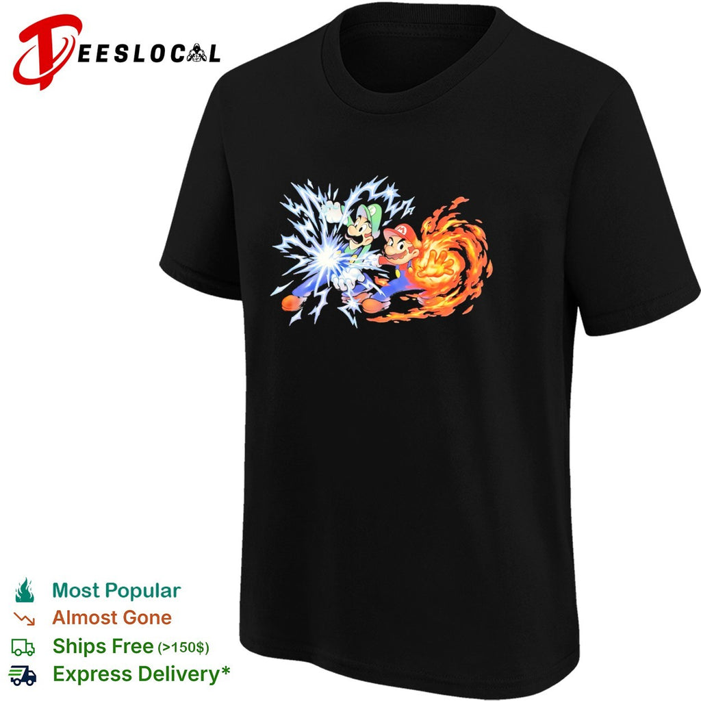 Mario and Luigi Super Mario Bros Elemental Power Lightning and Fire Magic shirt