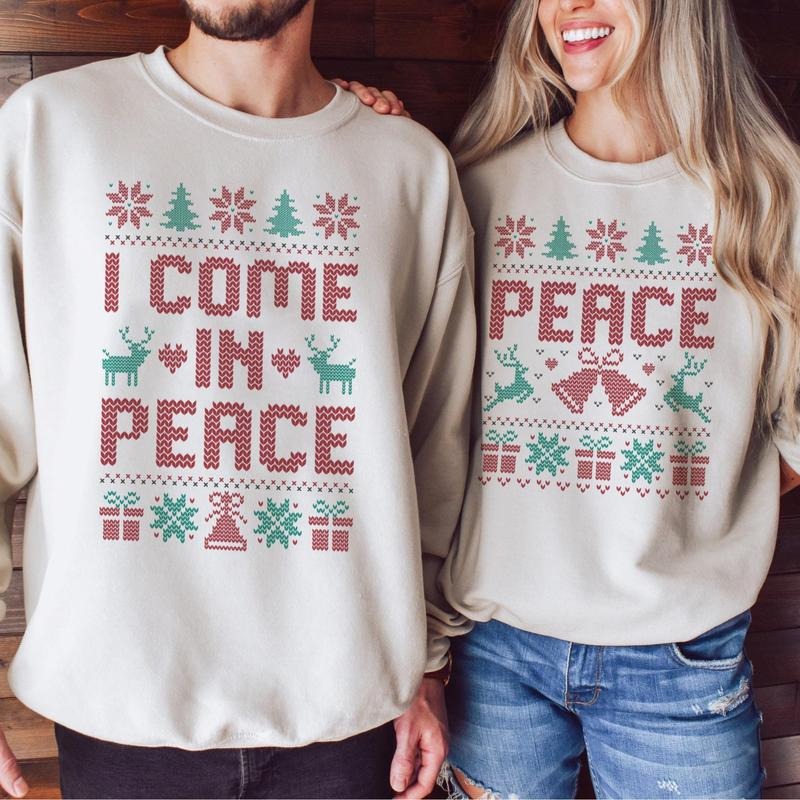 Matching Couples Ugly Christmas Sweater, Matching 'i Come In Peace' Xmas Sweatshirt, Holiday Party Humor, Funny Christmas...