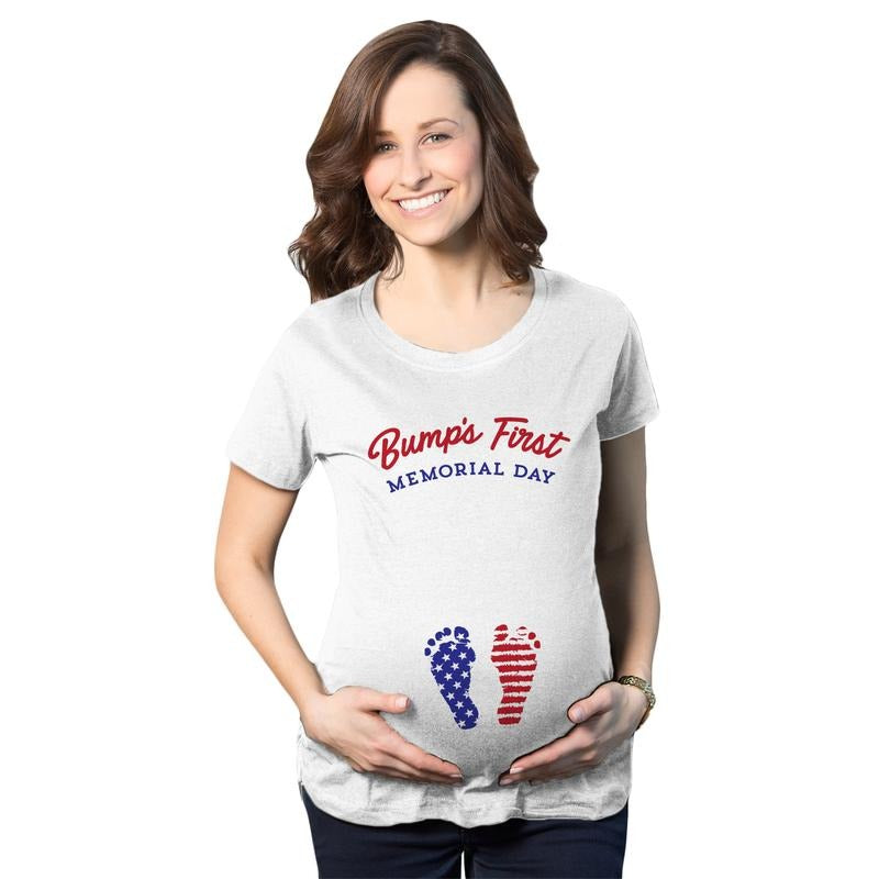 Maternity Bumps First Memorial Day Pregnancy T Shirt Funny Patriotic Tee for Baby Bump Funny Graphic Maternity Tee Cute...