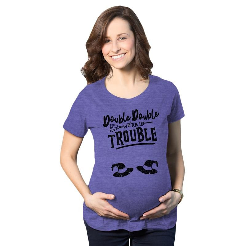 Maternity Double Double Were In Trouble T Shirt Funny Halloween Twins Tee Funny Graphic Maternity Tee Cute Pregnancy Tees...