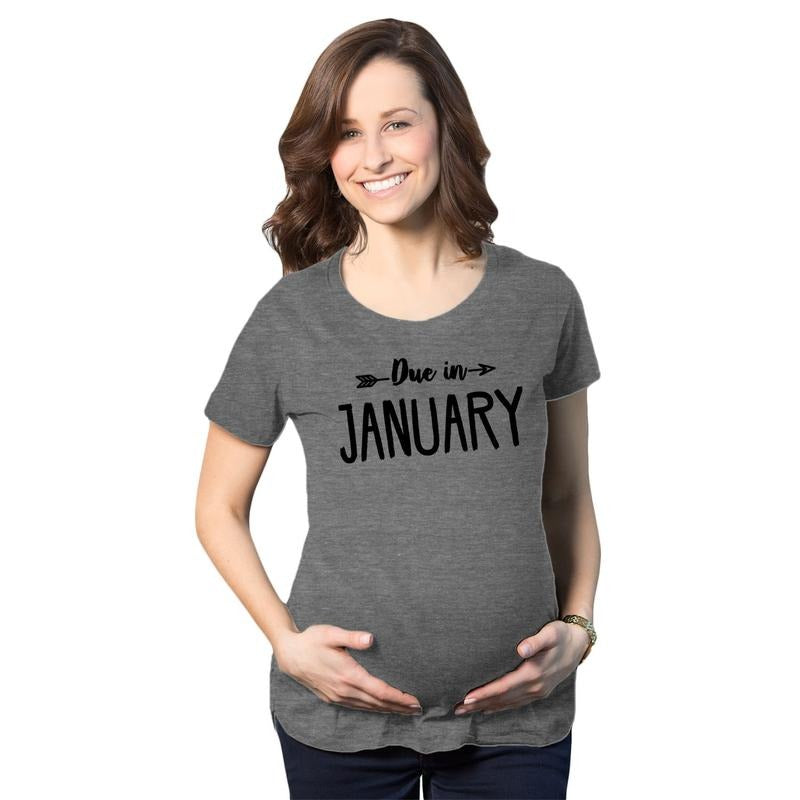 Maternity Due In January Funny T shirts Pregnant Shirts Announce Pregnancy Month Shirt Funny Graphic Maternity Tee Cute...