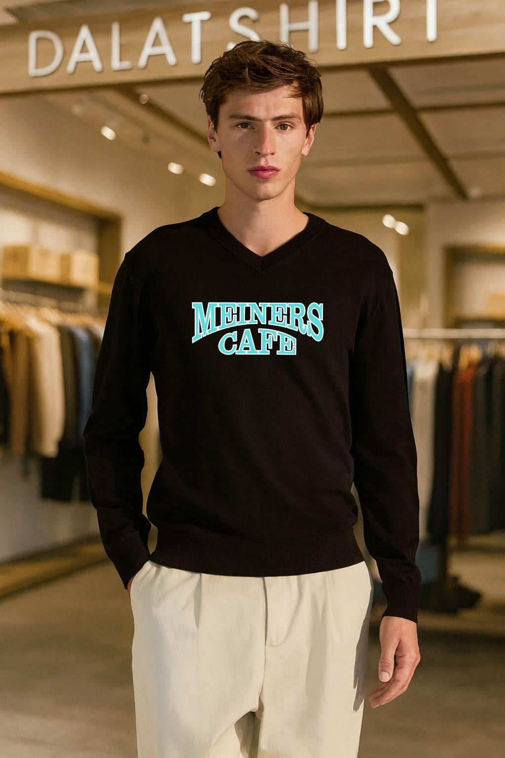 Meiners Cafe vintage curved teal lettering classic design shirt