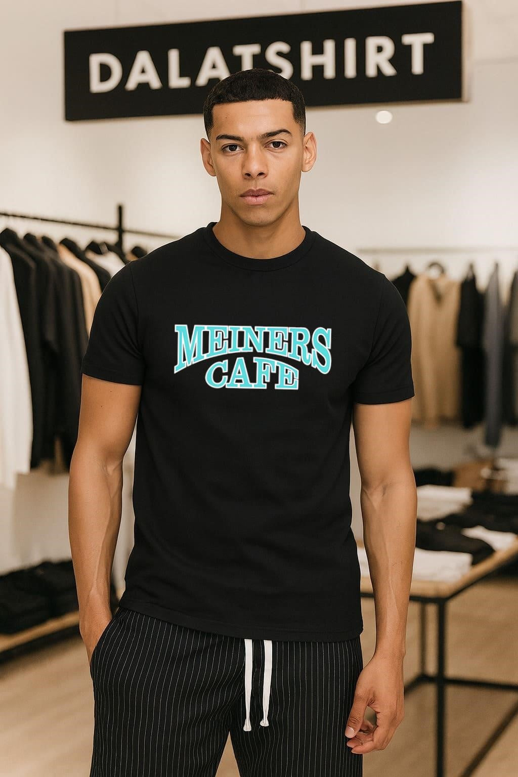 Meiners Cafe vintage curved teal lettering classic design shirt