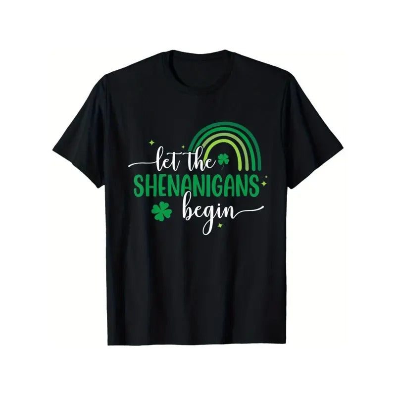 Men'S "Let the Shenanigans Begin" St. Patrick'S Day T-Shirt - 100% Cotton, Black with Green Shamrock Graphics, Casual...