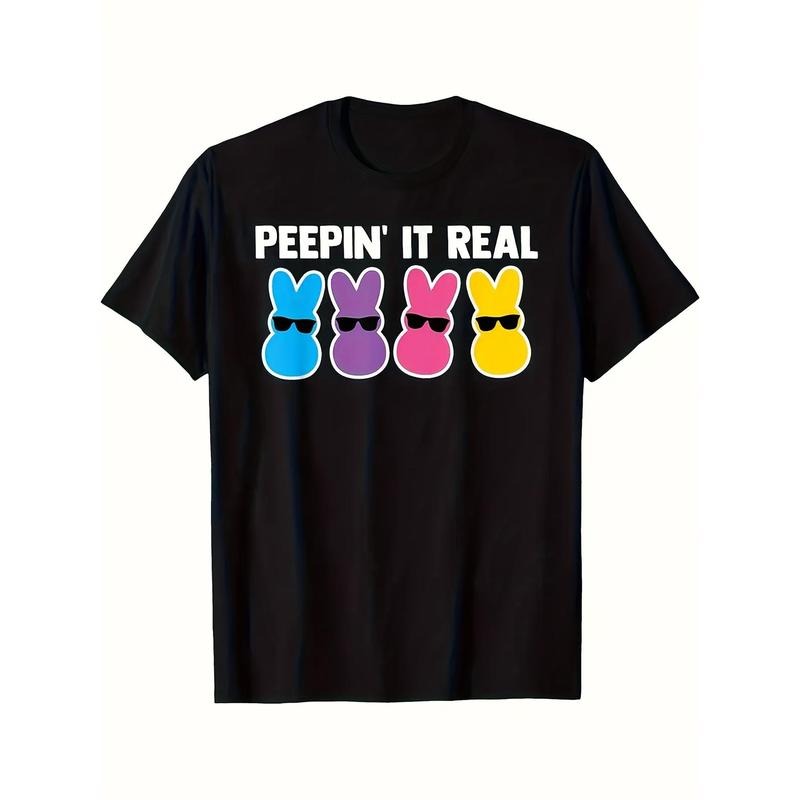 Men'S "Peepin'It Real" Easter Bunny Print T-Shirt -100% Cotton, Round Neck, Short Sleeve, Casual Version