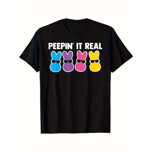 Men'S "Peepin'It Real" Easter Bunny Print T-Shirt -100% Cotton, Round Neck, Short Sleeve, Casual Version