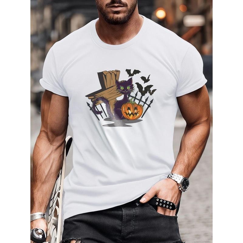 Men'S Casual Cotton T-Shirt with Black Cat & Tombstone Print, Crew Neck, Slight Stretch, Knit Fabric, Regular Fit for...