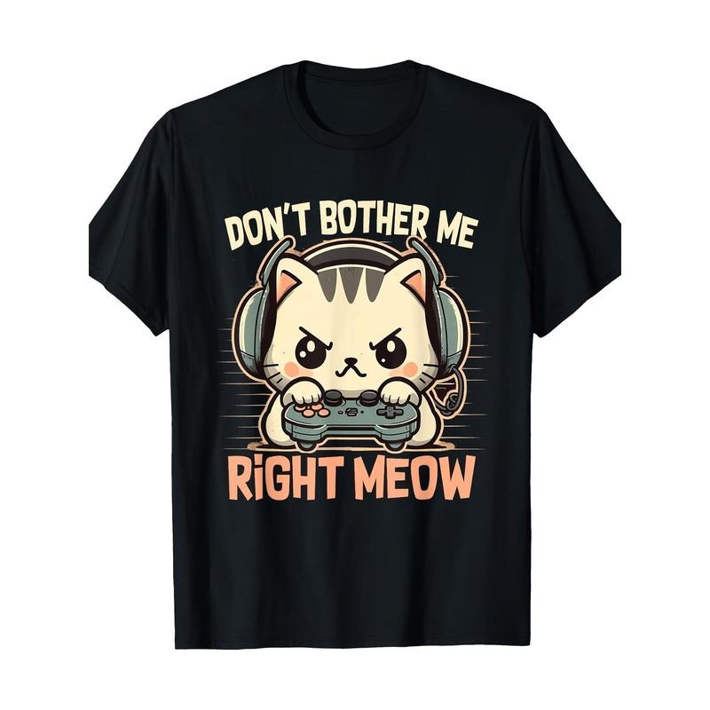 Men'S Casual Cotton T-Shirt with Fun Cat & Gaming Design - 100% Cotton, Short Sleeve, Round Neck, Regular Fit, Digital...
