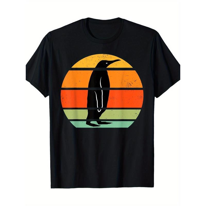 Men'S Casual Cotton T-Shirt with Retro Penguin Geometric Print, Round Neck, Short Sleeve, Regular Fit, Digital Heat...