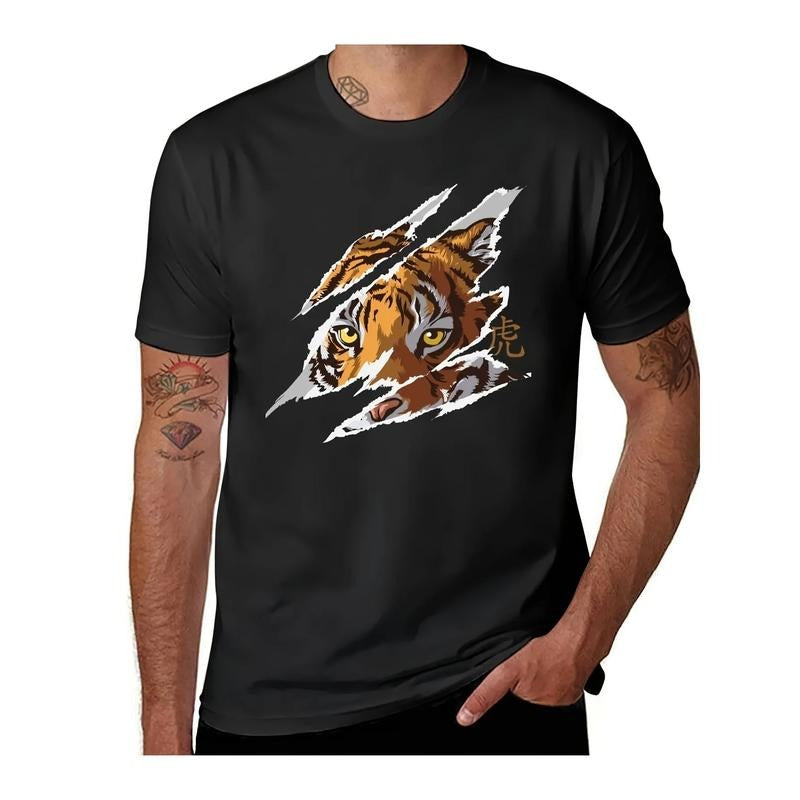 Men'S Casual Cotton T-Shirt, Crew Neck, Short Sleeve, Regular Fit, Geometric Tiger Graphic, 100% Cotton Pullover with...