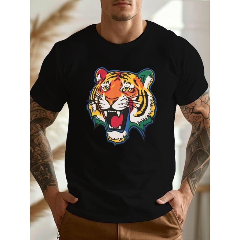 Men'S Casual Crew Neck T-Shirt with Abstract Colorful Tiger Head Print, Polyester Fabric, Short Sleeve, Lightweight...