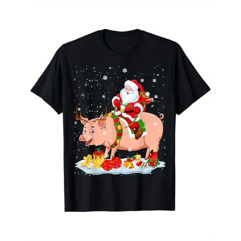 Men'S Christmas Santa Claus Pig Applique T-Shirt, 100% Cotton, Casual Crew Neck, Slight Stretch, Regular Fit, with...