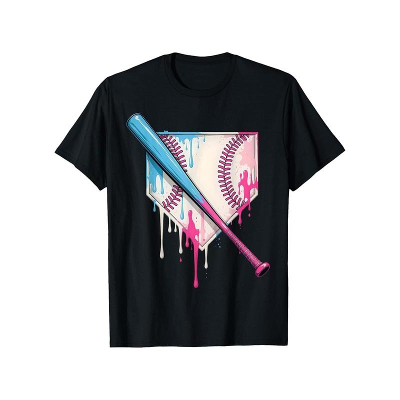 Men'S Cotton Crew Neck T-Shirt with Baseball Bat and Home Plate Graphic, Casual Summer Knit Fabric Top with Slight...