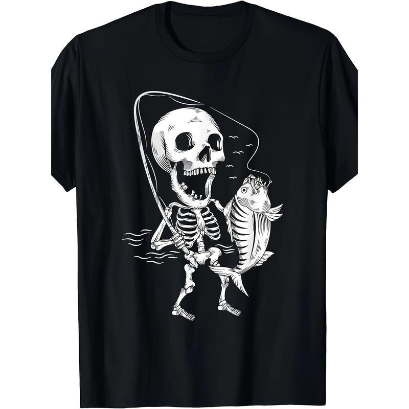 Men'S Skeleton Fisherman Graphic T-Shirt - 100% Cotton Crew Neck Tee, Short Sleeve, Regular Fit, All-Season Casual Top...