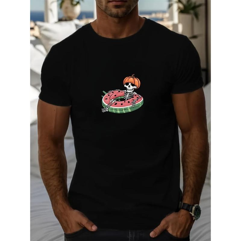 Men'S Summer Casual T-Shirt with Skeleton Pumpkin and Watermelon Float Graphic, Polyester Blend Crew Neck with Slight...