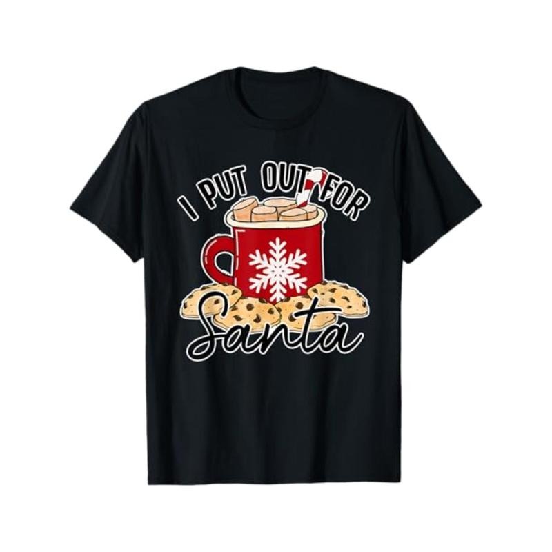Men'S Women'S Christmas T-Shirt, "I Put Out for Santa" Print, Unisex Black Cotton Tee, Casual Round Neck, Stretchy Soft...