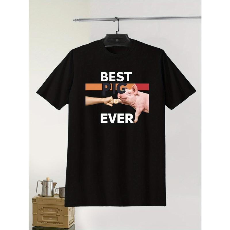 Men's "BEST PIG DAD EVER" Print T-Shirt, Casual Round Neck Short Sleeve Tee, Summer Lightweight Polyester Top, Regular...