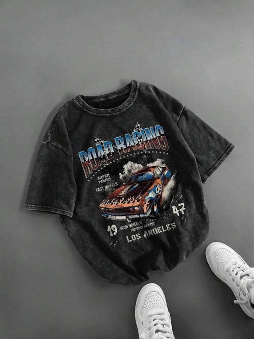 Men's 100% Cotton Street Style Racing Pattern Print Distressed Round Neck  Tee, Regular Fit Vintage Trendy Casual Comfy...