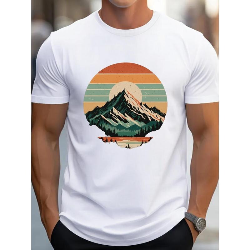 Men's 100% cotton mountain print T-shirt, casual short-sleeved round neck T-shirt, summer outdoor men's wear Made in USA...