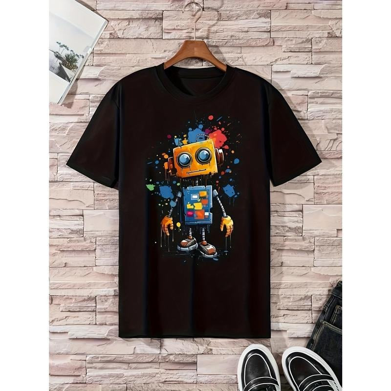 Men's 100% pure cotton robot pattern printed T-shirt, casual short sleeved round neck T-shirt, men's outdoor T-shirt ...