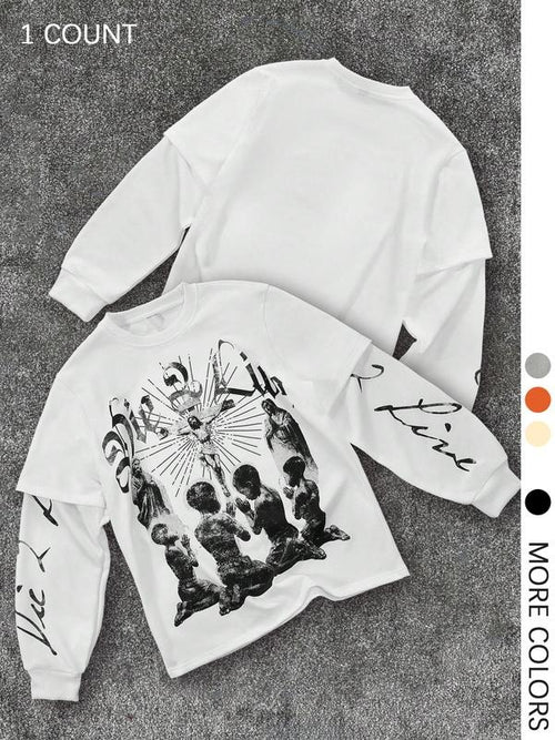Men's 2 in 1 Vintage Graphic Print Long Sleeve Sweatshirt, Regular Fit Casual Retro Round Neck Pullover for Daily Wear,...