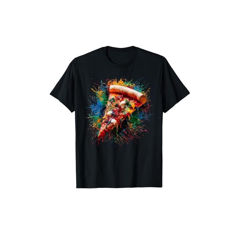 Men's Boho-Chic Cotton T-Shirt with Unique Pizza Slice Print - Comfortable, Non-Stretch Crew Neck Tee for Casual &...