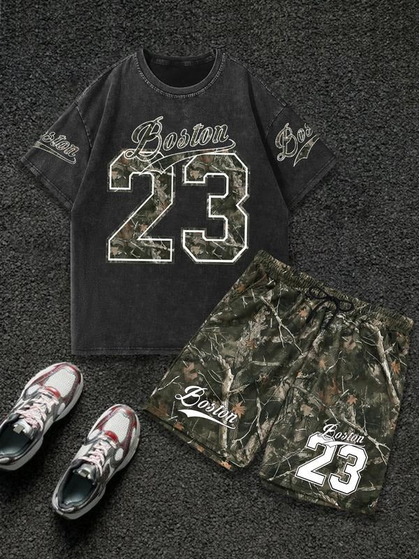 Men's Camo Print Shortsleeve Graphic Tee & Shorts Two-piece Set, Regular Fit Casual Round Neck T-shirt & Shorts, Men's...