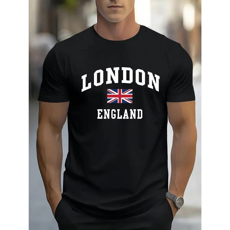 Men's Casual & Sporty Shirt with London Print - Breathable Polyester Blend, Short Sleeve, Round Neck, Machine Washable