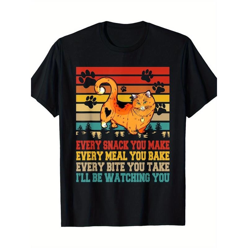 Men's Casual Cotton T-Shirt with Fun Snack & Cat Print - Soft, Breathable Crew Neck Tee for All Seasons, Short Sleeve,...