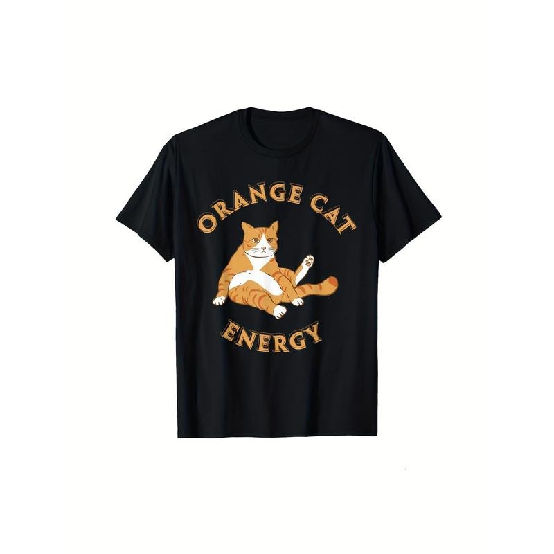Men's Casual Cotton T-Shirt with Orange Cat Print - Breathable, Short Sleeve, Round Neck, Machine Washable