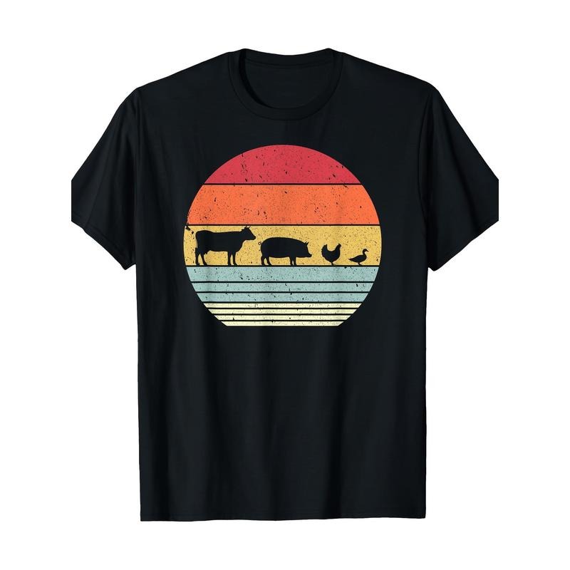 Men's Casual Cotton T-Shirt with Retro Farm Animals Print - Cow, Pig & Duck Design | Breathable Crew Neck Tee for All...