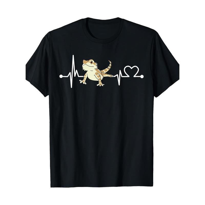 Men's Casual Cotton T-Shirt with Unique Bearded Dragon Heartbeat Design
