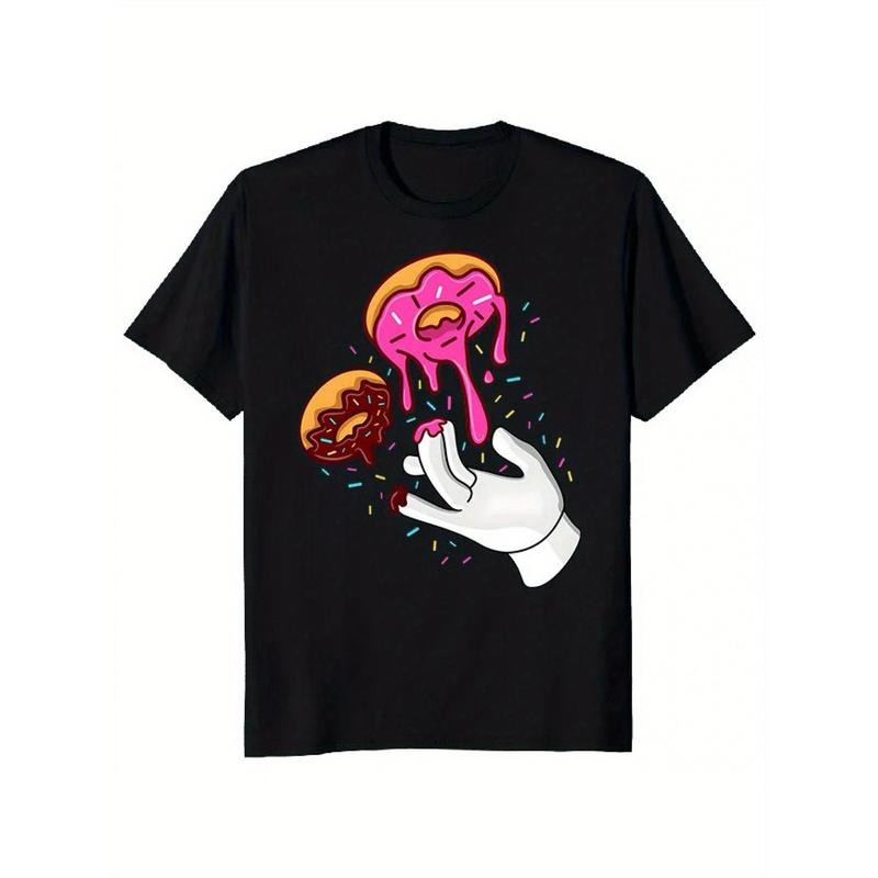 Men's Casual Cotton T-Shirt with Unique Donut Print - Crew Neck, Short Sleeve, Machine Washable