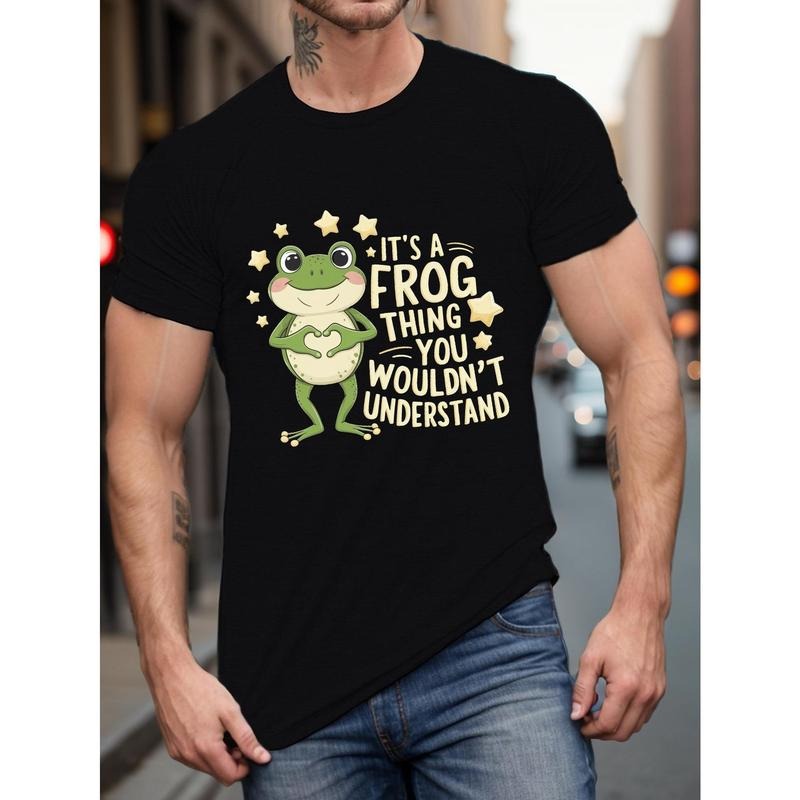 Men's Casual Short Sleeve T-Shirt with Heart Frog Print - Breathable Polyester, Machine Washable, Round Neck